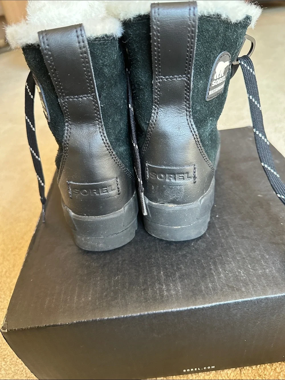 Sorel Black Waterproof Suede Winter Boot with White Faux Fur Collar